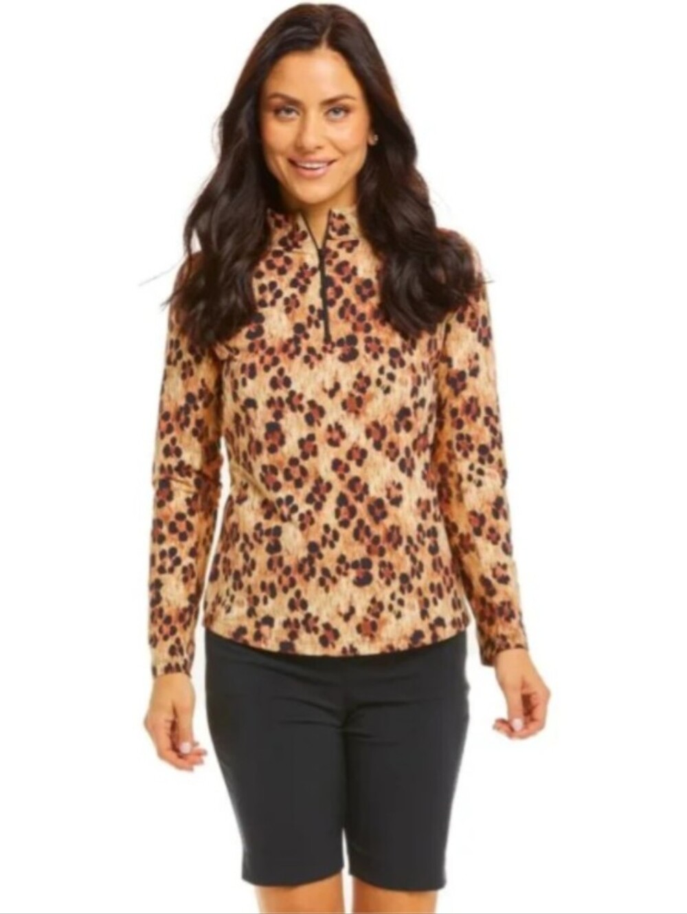 IBKUL Womens Le Leopard Print Long Sleeve Mock Golf Top Sz.XS - 10752
